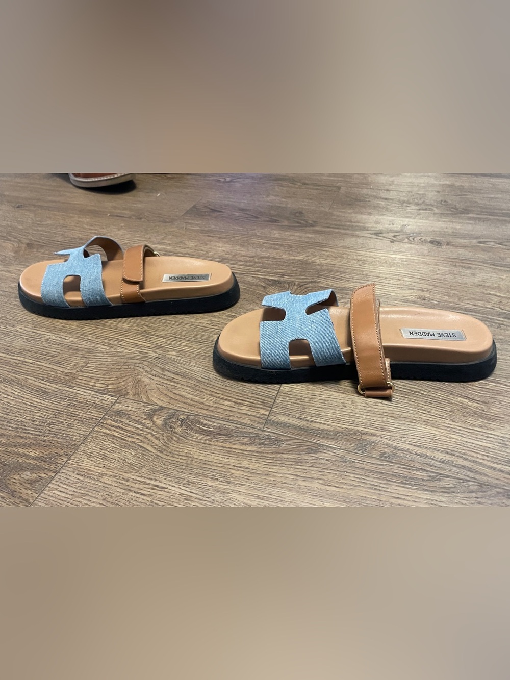 Steve Madden Tan Slide Sandals with Light Blue Denim Strap